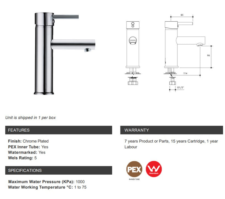 Monopoly Pino Basin Mixer Fixed 120mm Chrome Plated