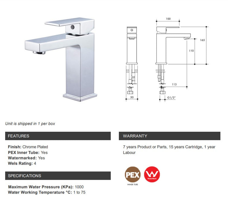 Monopoly Cubico Basin Mixer Fixed 113mm Chrome Plated