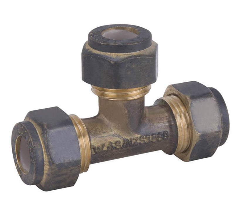 NYLON COMPRESSION BRASS TEE TRIPLE UNION REDUCING 20C x 15C x 20C - 3/4" x 1/2" x 3/4"