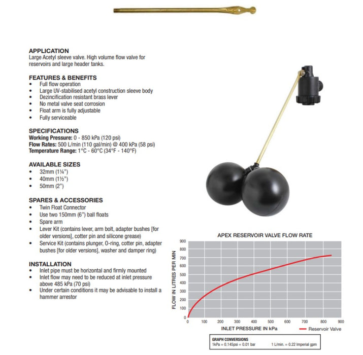 APEX RESERVOIR VALVE - REPLACEMENT BRASS ARM STANDARD 370MM FLOAT VALVE