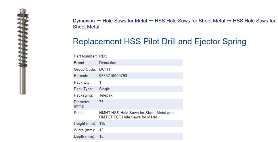 Replacement Pilot Drill & Ejector Spring for TCT Hole Saw for Metal (Trade)