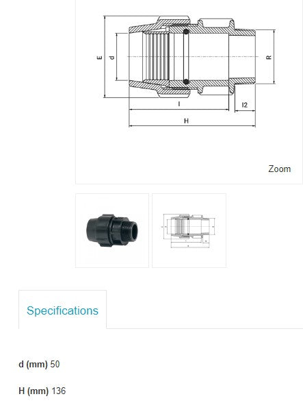 Plasson Metric Male Adaptor 50mm Metric x 1 1/2" BSP Male Thread