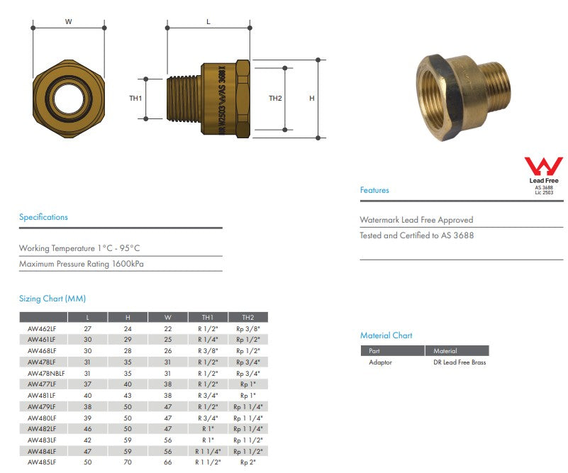 Brass Adaptor 3/4" x 1/2" Female BSP x Male BSP - Lead Free