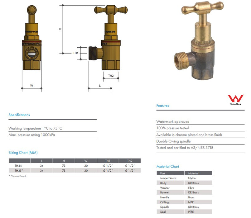 1/2" Right Angle Cistern Stop Tap T/Head Rough Brass Watermarked