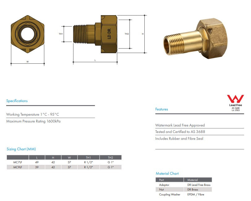 Brass Coupling Standard 1" Female x 1/2" Male BSP x 27mm Adaptor - Lead Free