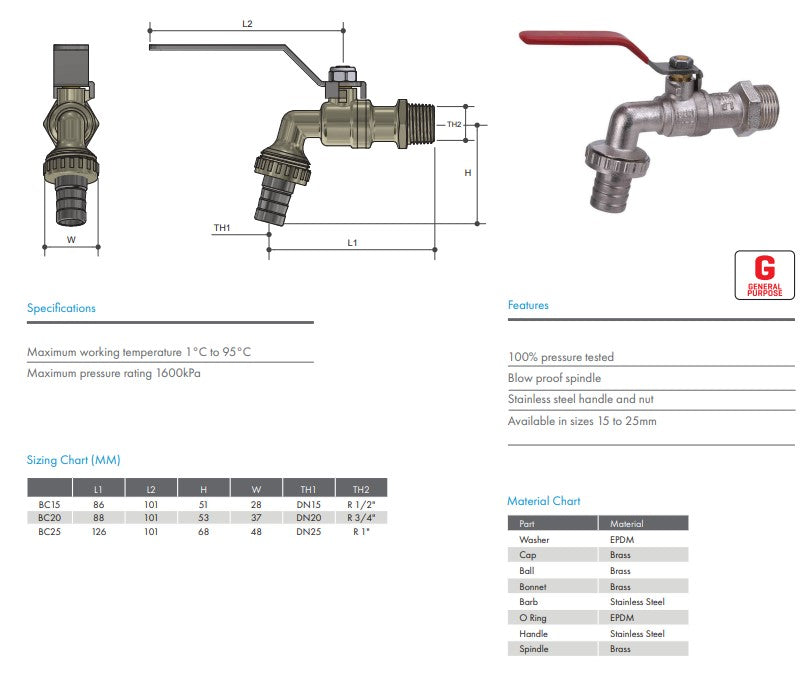1/2" Tank Tap Bib Cock General Purpose Lever Action Nickel Plated