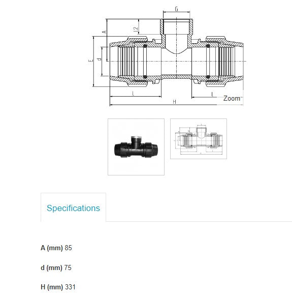 75mm x 2 1/2" x 75mm Plasson Metric Tee with Threaded Female Offtake