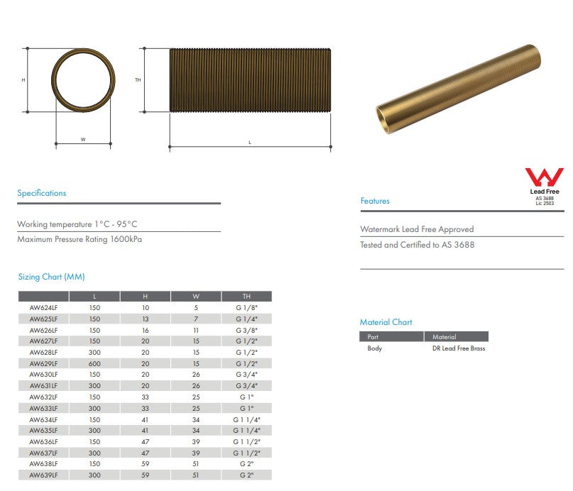 Brass Male All Thread 2" BSP x 300mm Allthread