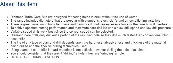 Diamond Core Drill Bit Concrete for Portable Hand Held Drills 70mm Dia x 220mm Length - 1/2" BSP Fittings