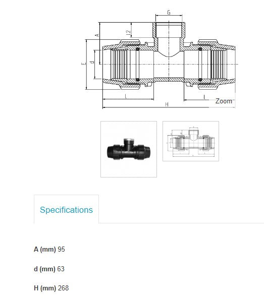 63mm x 1 1/2" x 63mm Plasson Metric Tee with Threaded Female Offtake