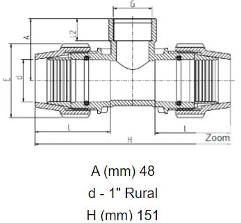 1" Rural x 1" Rural x 3/4" BSP Plasson Rural Tee with Female Threaded Offtake