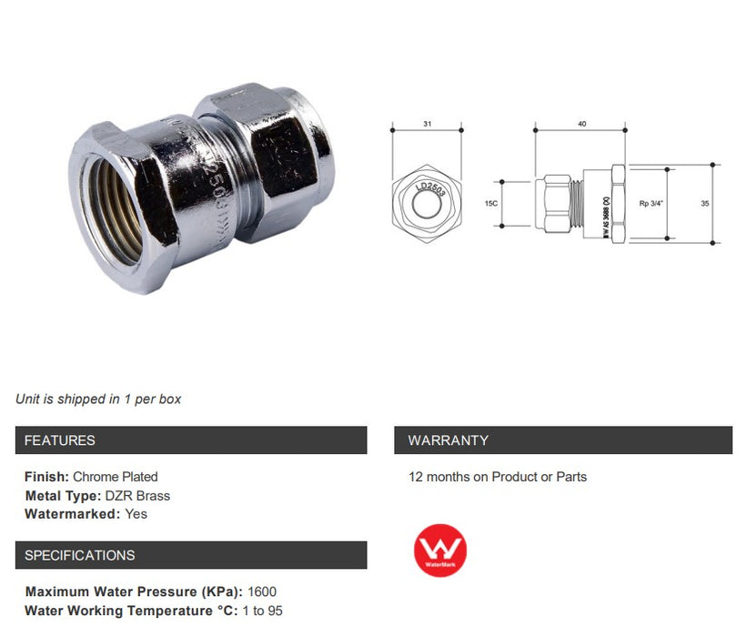 NYLON COMPRESSION BRASS CHROME PLATED UNION - FEMALE x COMPRESSION - 3/4" BSP FEMALE x 15C