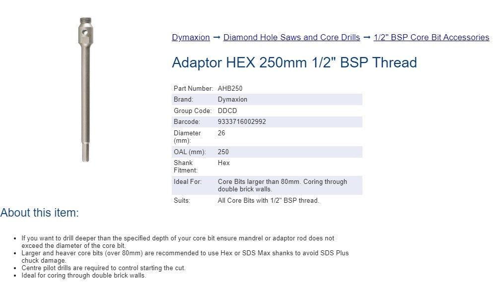 Core Drill Accessories - Adaptor HEX 250mm 1/2" BSP Thread Widest Diameter 26mm