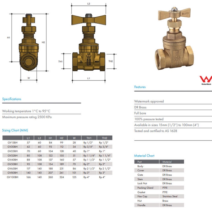 Gate Valve Brass Female Female 1 1/2" BSP (40mm) Watermarked T Handle Full Bore