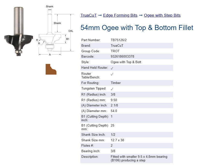 Router Bits - Edge Forming Bits - 9.5mm Ogee Bit with Top Fillet - 1/2" Shank - STEP- TruaCuT