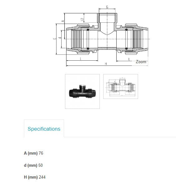 50mm x 1 1/2" x 50mm Plasson Metric Tee with Threaded Female Offtake