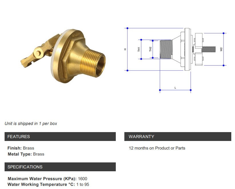 BRASS TANK FLANGE FITTING TANK OUTLET EXTERNAL MOUNT 1" x 3/4" BSP