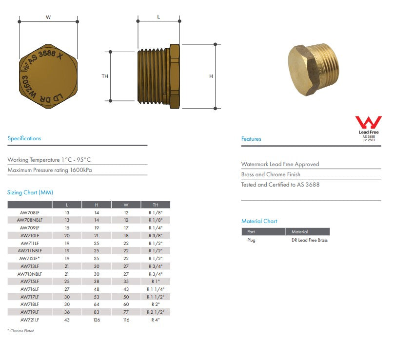 Brass Hex Plug 2 1/2" BSP Thread - Lead Free