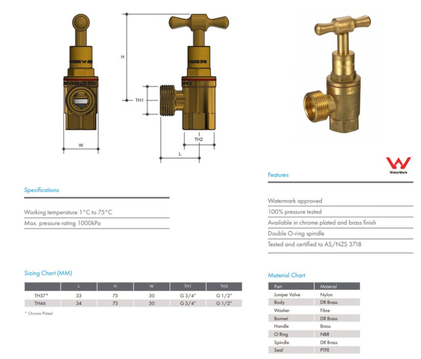 1/2" Right Angle Washing Machine Stop Tap T/Head Rough Brass Watermarked