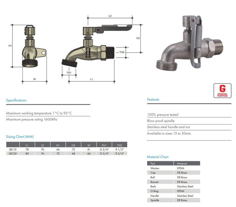 1/2" Tank Tap Bib Cock General Purpose Side Locking Nickel Plated