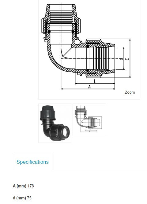 75mm x 75mm Plasson Metric Elbow Poly Pipe Irrigation Fitting