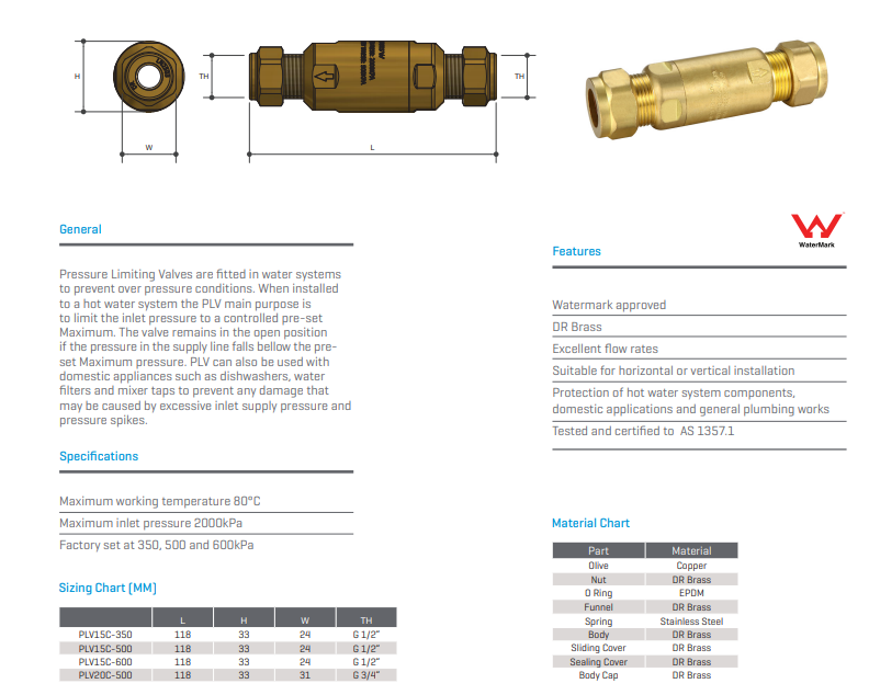 Pressure Limiting Valve Copper Compression 1/2" BSP (15mm) 500kpa