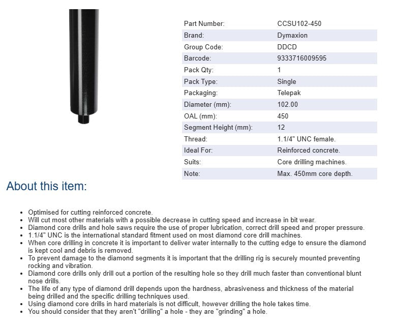 Diamond Core Drill Bit Concrete Rated 1 1/4" UNC Fittings 102mm Diameter x 450mm Length