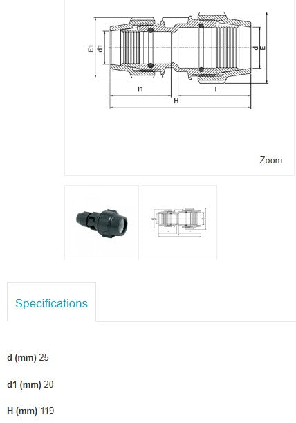 25mm x 20mm Plasson Metric Reducing Coupler Joiner