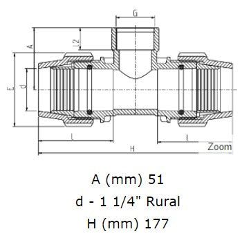 1 1/4" Rural x 1 1/4" Rural x 3/4" BSP Plasson Rural Tee with Female Threaded Offtake