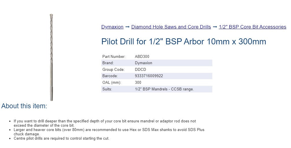 Core Drill Accessories - Centre Pilot Drill for 1/2" BSP Arbors 10mm x 300m Long