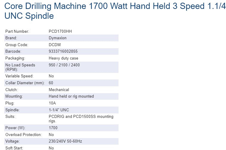 Dymaxion Core Drilling Machine 1700 Watt Hand Held 1 1/4" UNC Spindle - PCD1700HH