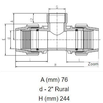 2" Rural x 2" Rural x 1 1/2" BSP Plasson Rural Tee with Female Threaded Offtake