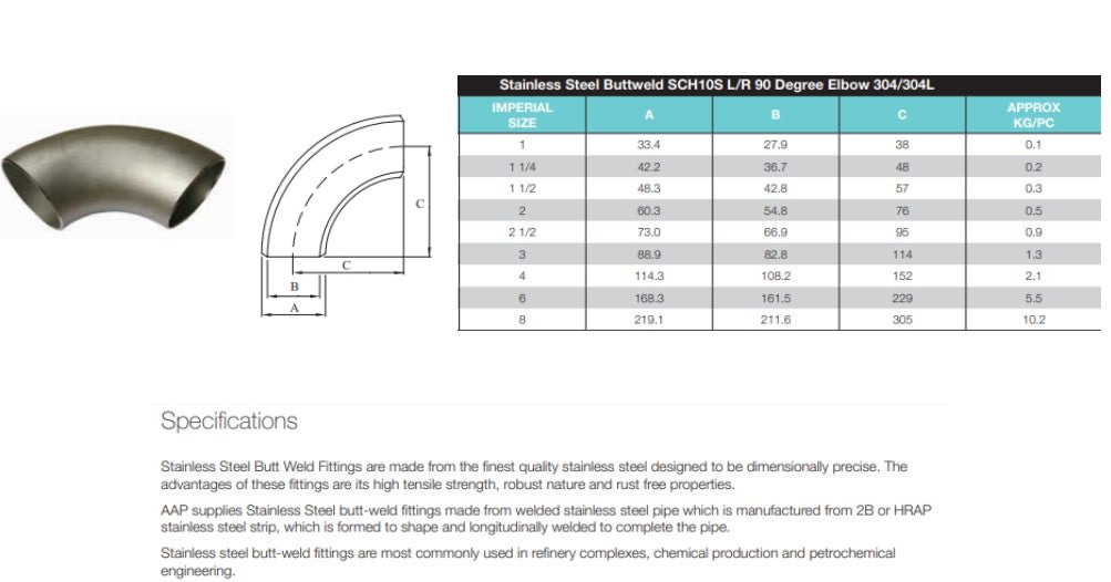 1" Stainless Steel 304 Buttweld 90 Degree Elbow SCH10