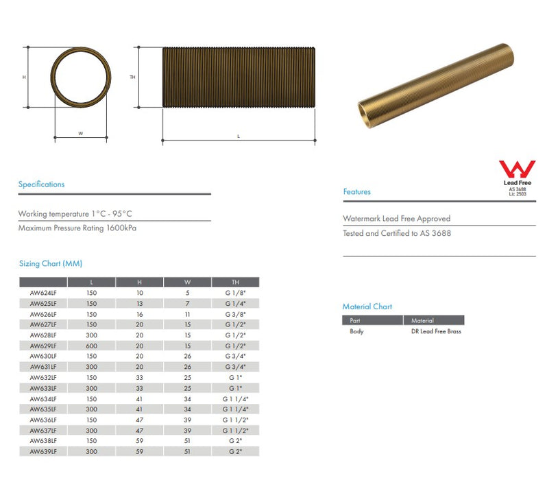 Brass Male All Thread  1/2" BSP x 300mm Allthread - Lead Free