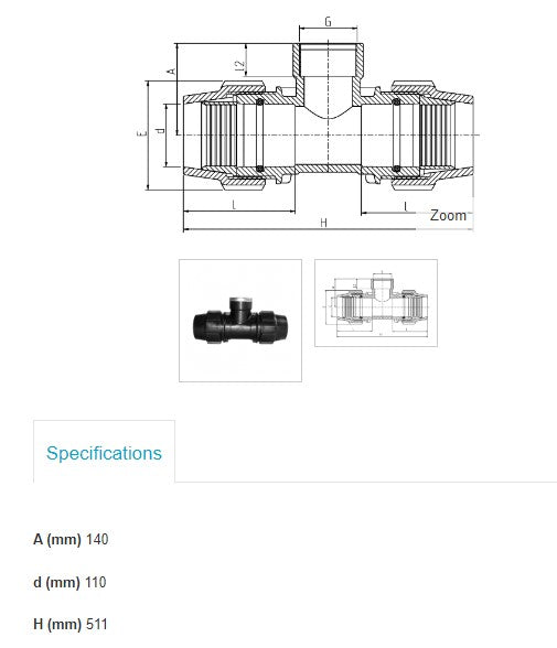 110mm x 4" x 100mm Plasson Metric Tee with Threaded Female Offtake