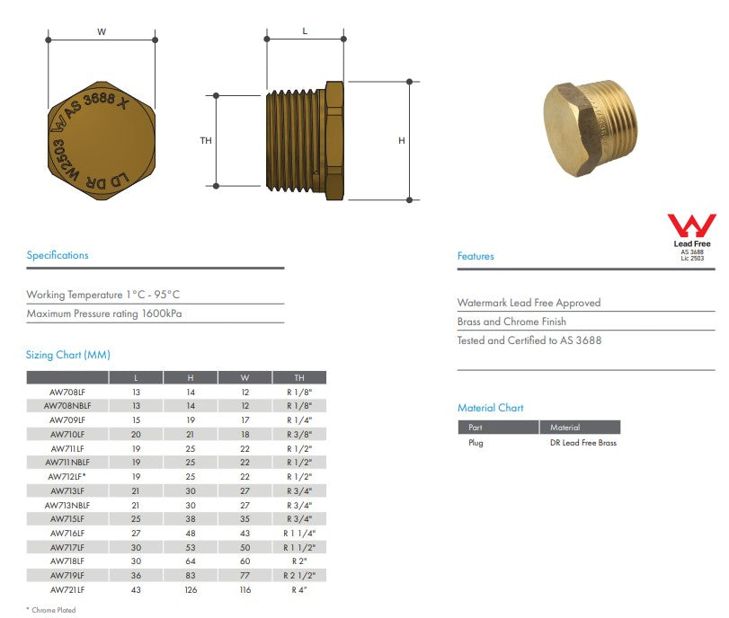 Brass Hex Plug 3/8" BSP Thread - Lead Free