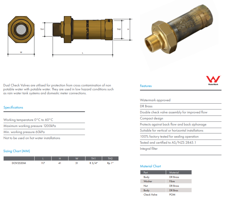 Dual Check Valve 3/4" BSP (20mm) Male 1" (25mm) Female Watermarked with Strainer