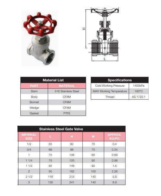 Gate Valve Stainless Steel Female Female 3" BSP 75mm