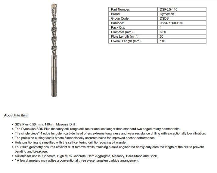 SDS Plus Drill Bit for Concrete and Masonry 6.5mm x 110mm