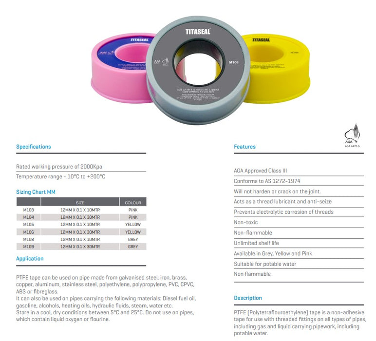Titaseal  PTFE Teflon Tape 0.1mm x 12mm x 30m GREY
