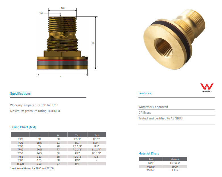 Tank Flange Fitting Brass 4" BSP Male Watermarked