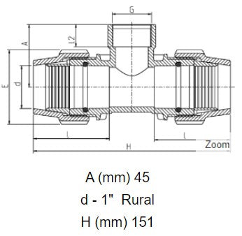 1" Rural x 1" Rural x 1/2" BSP Plasson Rural Tee with Female Threaded Offtake