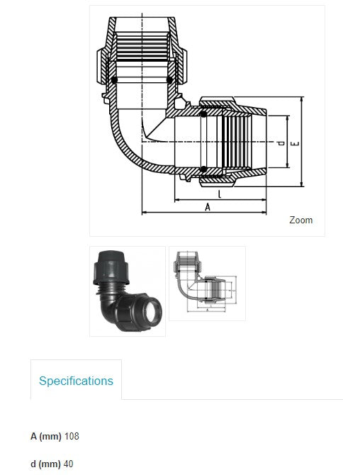 40mm x 40mm Plasson Metric Elbow Poly Pipe Irrigation Fitting