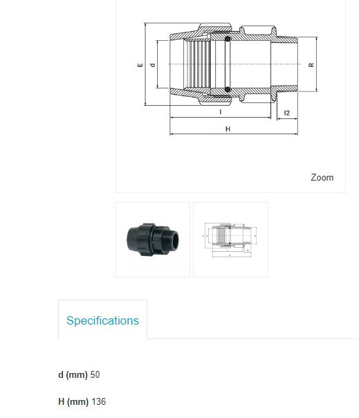 Plasson Metric Male Adaptor 50mm Metric x 1 1/4" BSP Male Thread