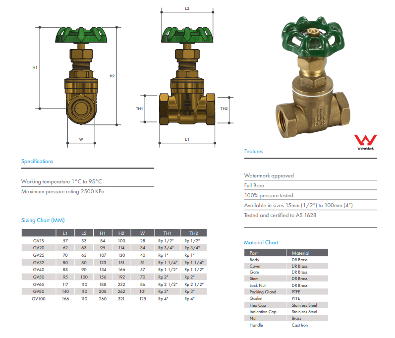 Gate Valve Brass Watermarked Female Female 2" BSP (50mm)