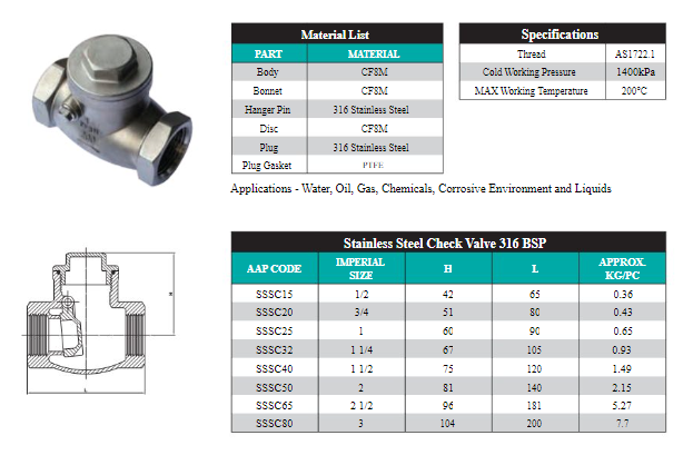 4" (100mm) Swing Check Valve 316 Stainless Steel Female Thread