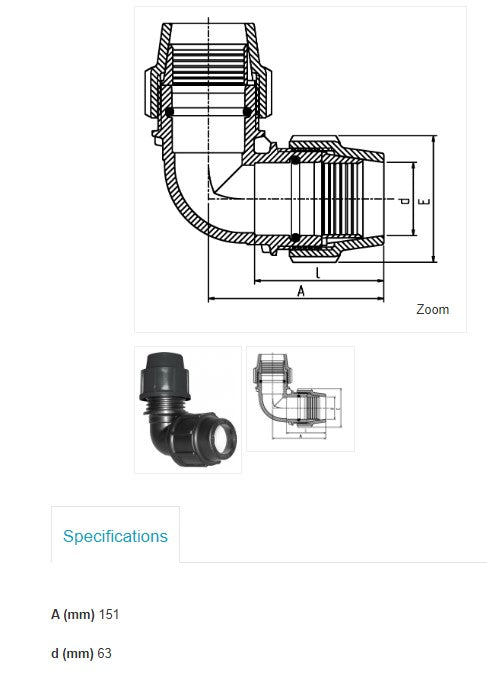 63mm x 63mm Plasson Metric Elbow Poly Pipe Irrigation Fitting