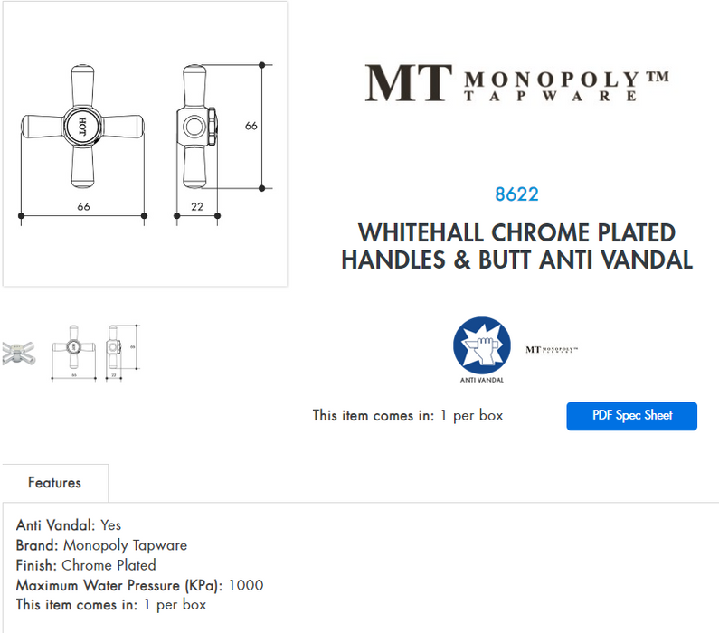 Monopoly Whitehall Tapware Handles and Buttons Chrome Plated