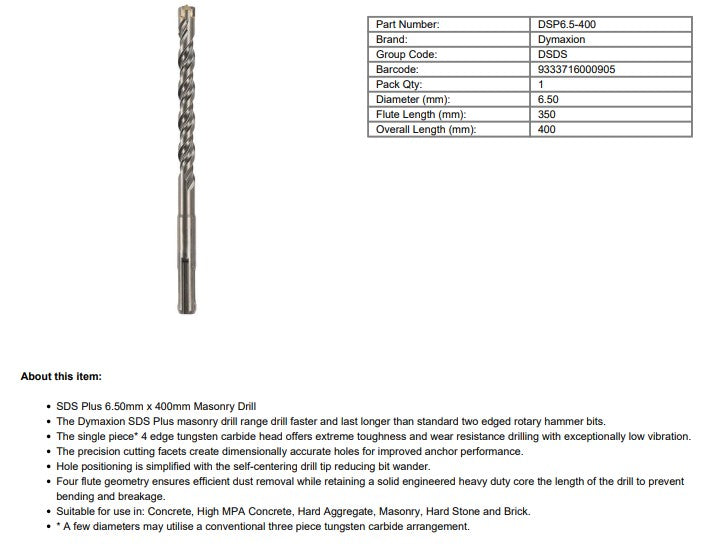 Dymaxion SDS Plus Drill Bit for Concrete and Masonry 6.5mm x 400mm