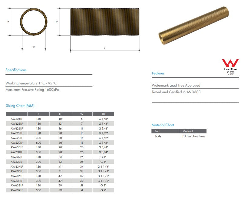 Brass Male All Thread 1/2" BSP x 300mm Allthread - Lead Free